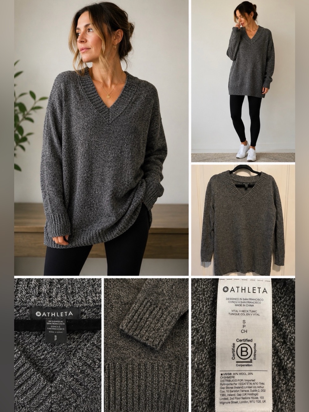 Athleta Vital V-Neck Tunic sweater in a charcoal/heathered gray knit oversized S